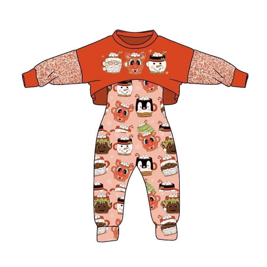 custom S 8.4 Christmas Santa Claus deer long sleeve pink jumpsuits girls set