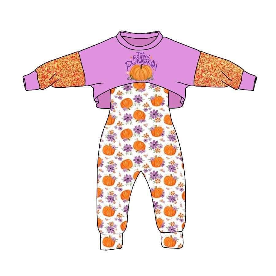 custom S 8.4 Pumpkin purple long sleeve flowers jumpsuits girls set