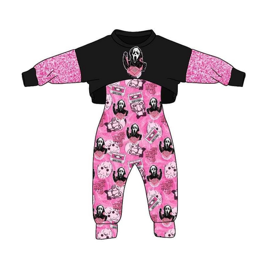 custom S 8.4 Halloween ring up black long sleeve hot pink jumpsuits girls set