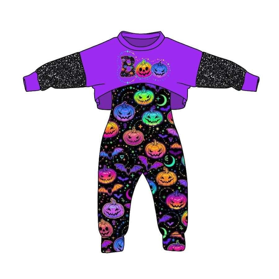 custom S 8.4 Halloween Boo purple colorful pumpkin black jumpsuits girls set