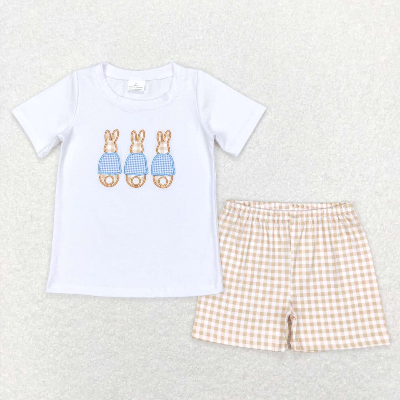 BSSO0383 Easter Rabbit Short  Sleeve Khaki Checkered Shorts Boys Set