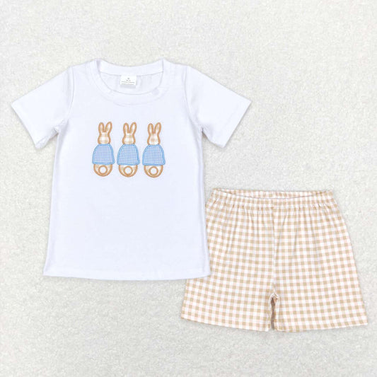 BSSO0383 Easter Rabbit Short  Sleeve Khaki Checkered Shorts Boys Set