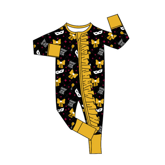 Custom moq 20 bamboo happy new year mask bows black zipper long sleeve girls romper
