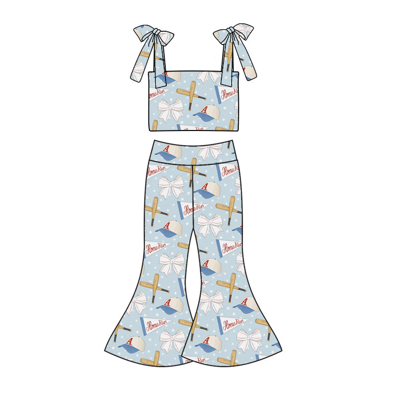 custom (moq 5)Baby Girls Baseball Bows Straps Top Bell Pants Clothes Sets