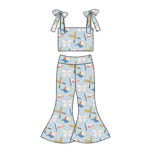 custom (moq 5)Baby Girls Baseball Bows Straps Top Bell Pants Clothes Sets