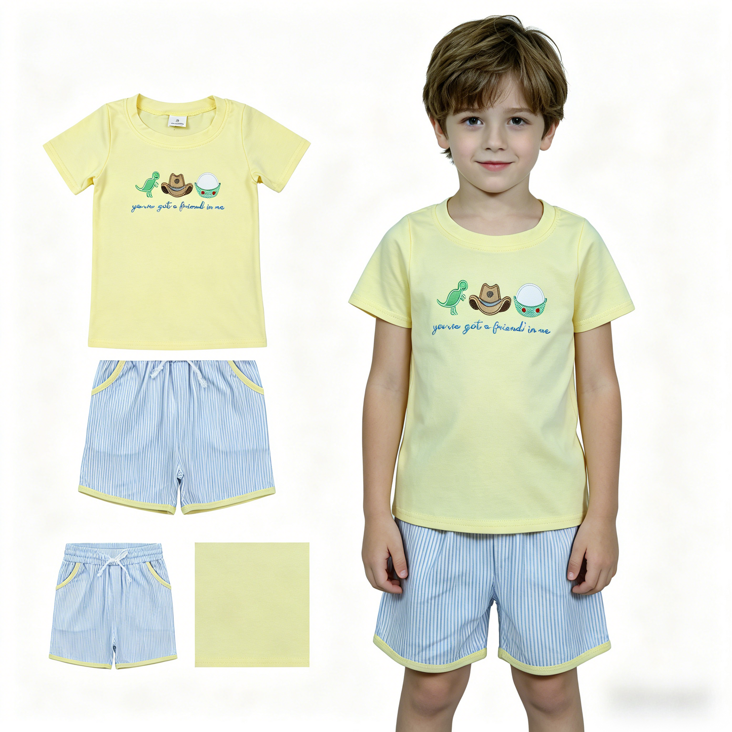 Embroidery BSSO1968 Cartoon Dinosaur Toy Yellow Short Sleeve Blue Shorts Boys Set