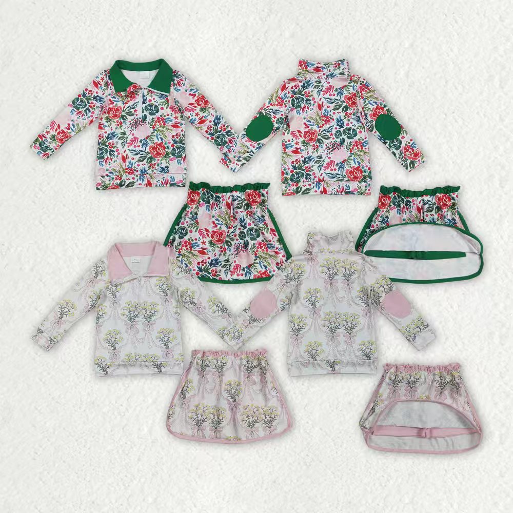 flowers style zipper long sleeve skort milk silk girls set RTS Sibling Clothes
