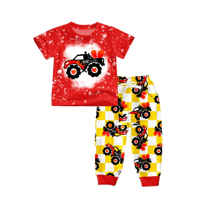 preorder Valentine's Day Tractor Heart Red Short Sleeve Yellow Checkered Pants Boys Set