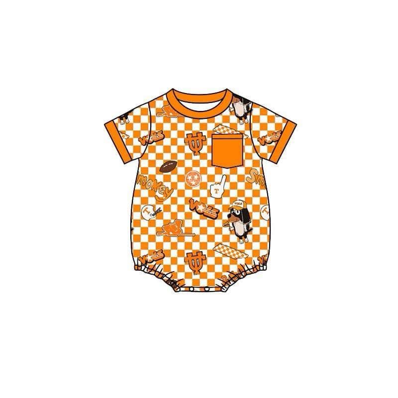 Custom Moq 3 football team vols orange checkered pocket short sleeve boys romper