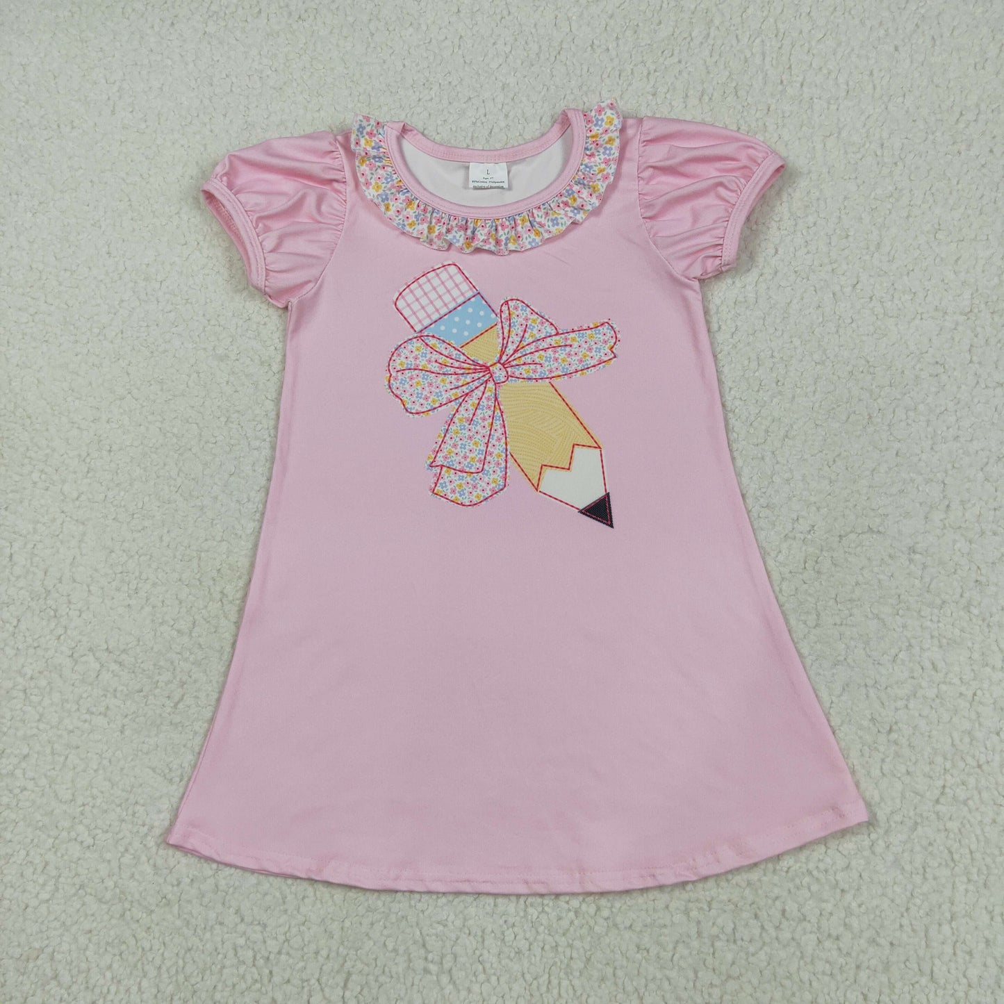 GSD2017 back to school pen bow pink short sleeve girls dress