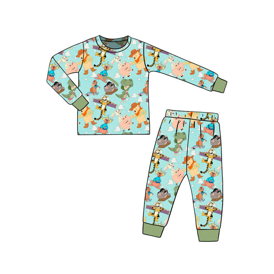 custom cartoon bear tiger dinosaur green long sleeve pants boys pajamas