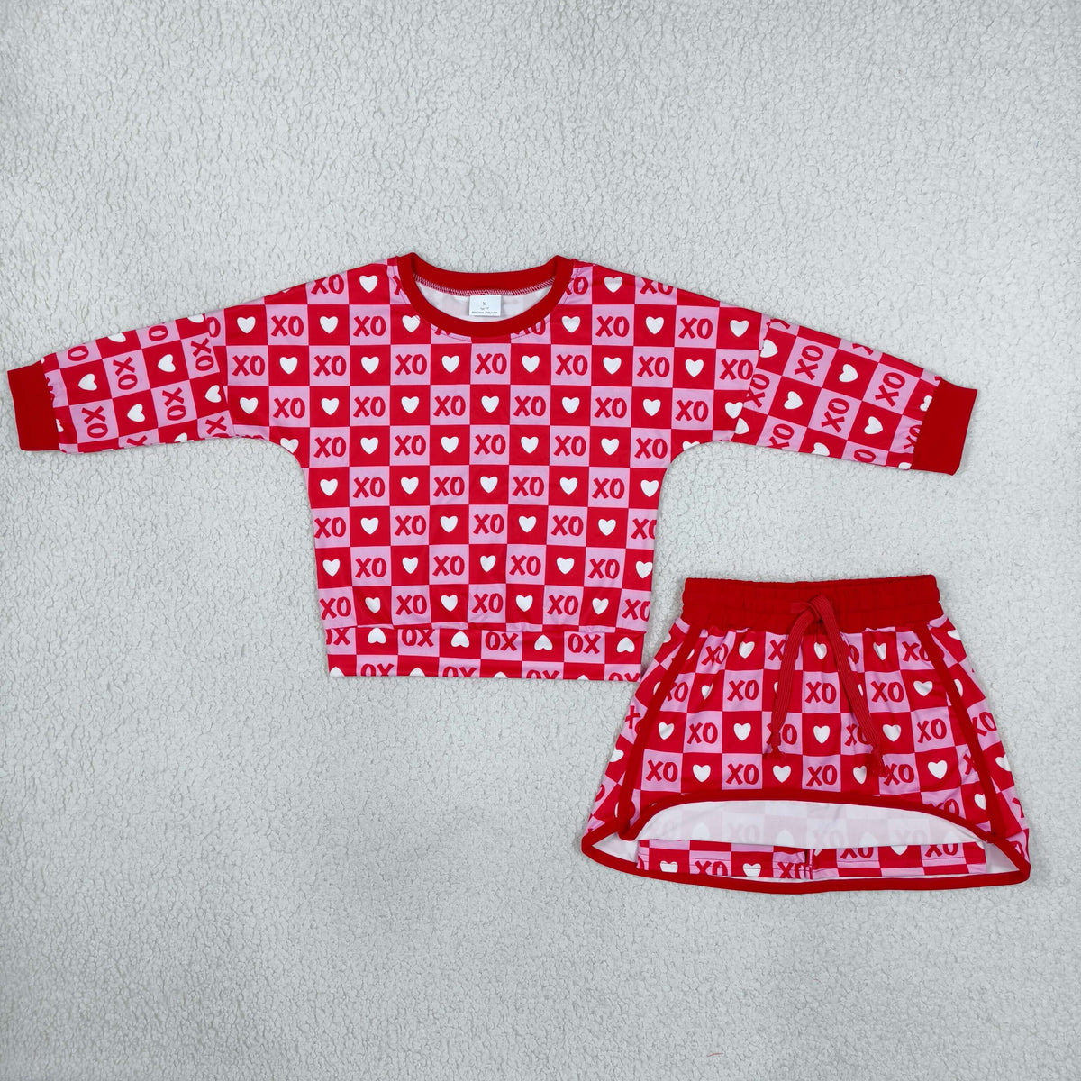 GLD1826 Valentine's Day Heart Checkered Long Sleeve Shorts Girls Set