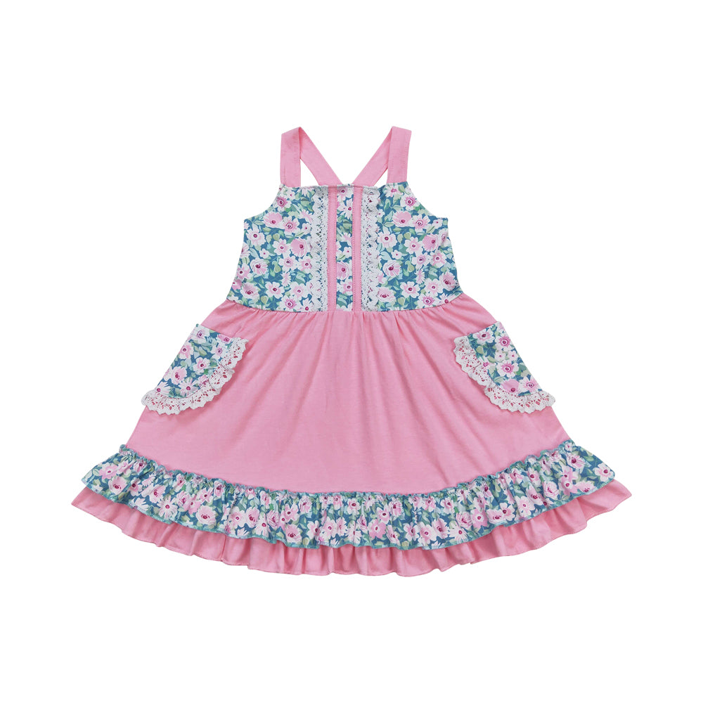 GSD0807 Flowers Pockets Pink Sleeveless Girls Dress