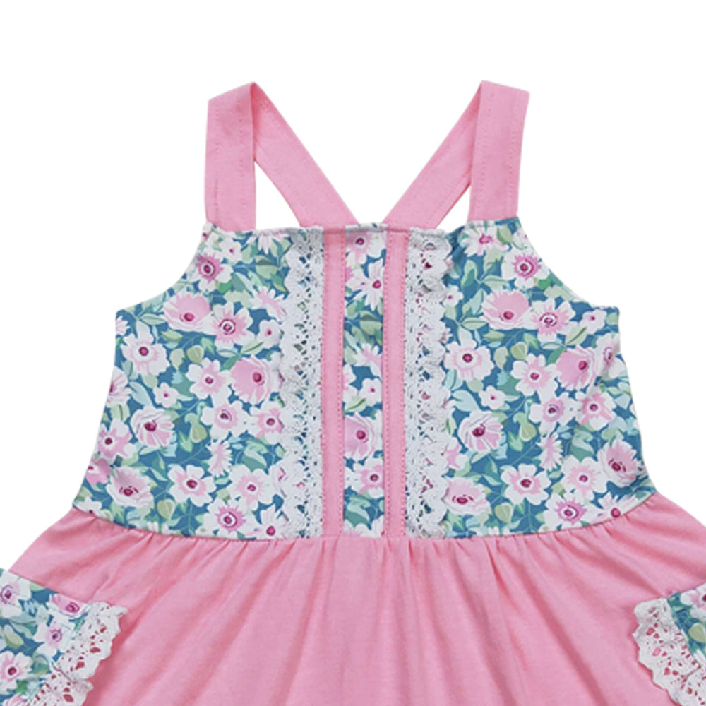 GSD0807 Flowers Pockets Pink Sleeveless Girls Dress