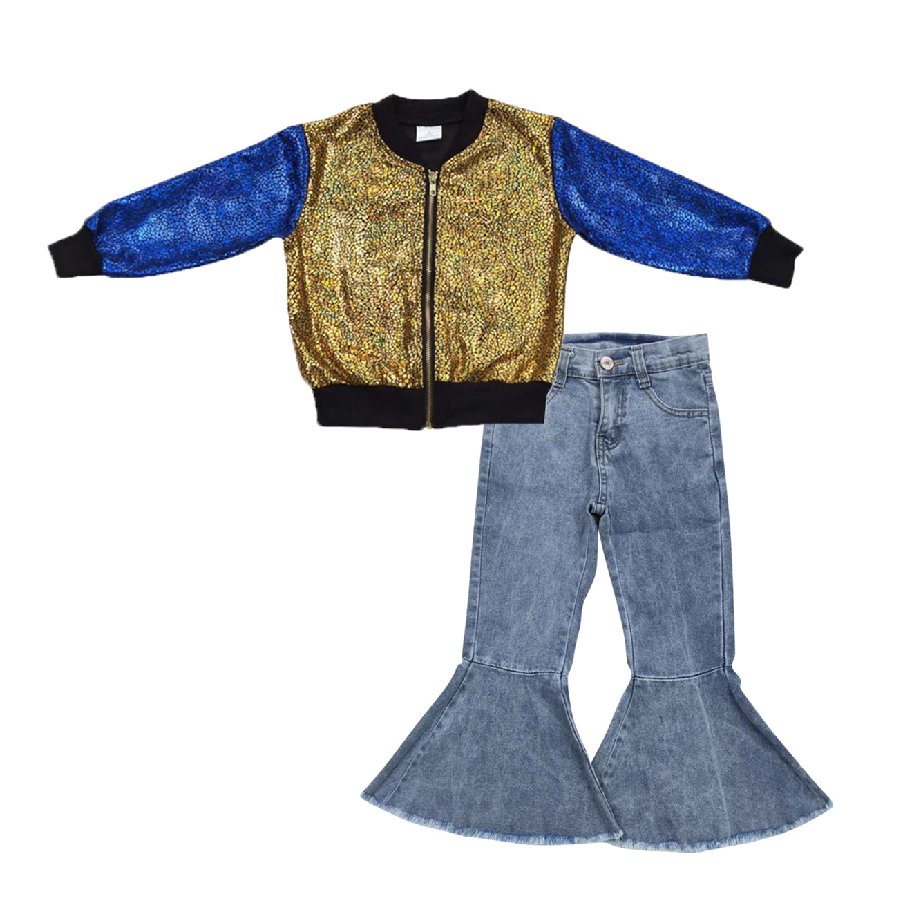 golden blue long sleeve zipper kids disco coat blue denim pants girls set