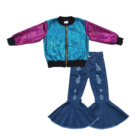 Blue hot pink long sleeve zipper kids disco coat blue ripped denim pants girls set