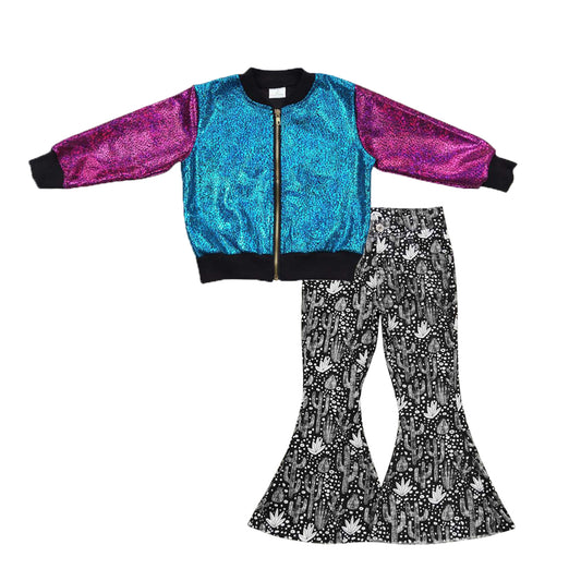 Blue hot pink long sleeve zipper kids disco coat cactus black denim pants girls set