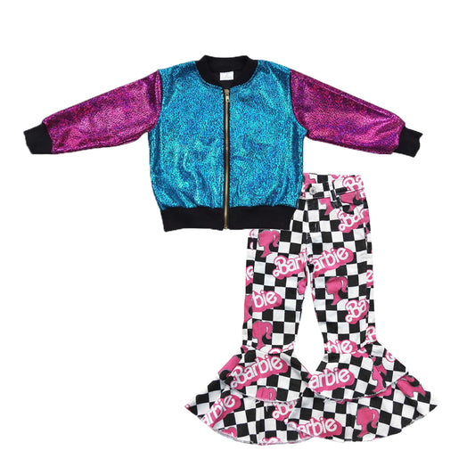 Blue hot pink long sleeve zipper kids disco coat BA black checkered denim pants girls set