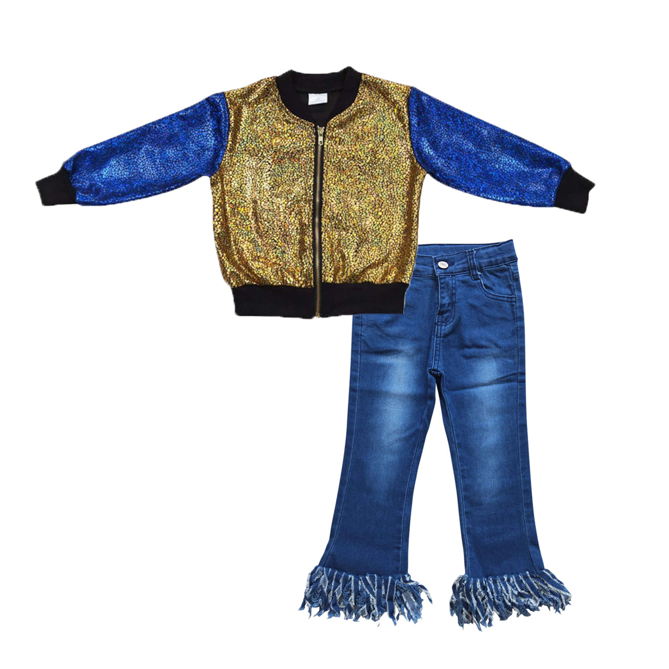 golden blue long sleeve zipper kids disco coat blue tassels denim pants girls set