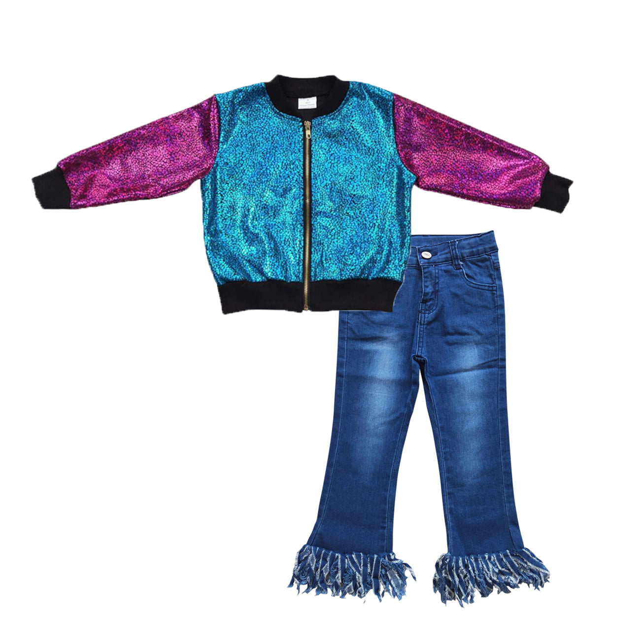 Blue hot pink long sleeve zipper kids disco coat blue tassels denim pants girls set