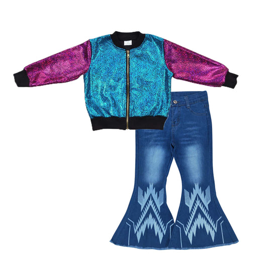 Blue hot pink long sleeve zipper kids disco coat blue Aztec denim pants girls set