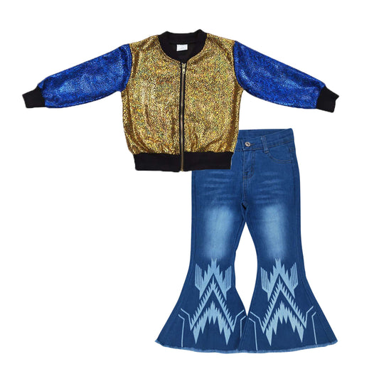 golden blue long sleeve zipper kids disco coat blue Aztec denim pants girls set