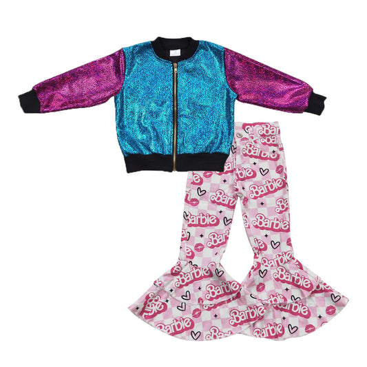 Blue hot pink long sleeve zipper kids disco coat BA pink checkered denim pants girls set