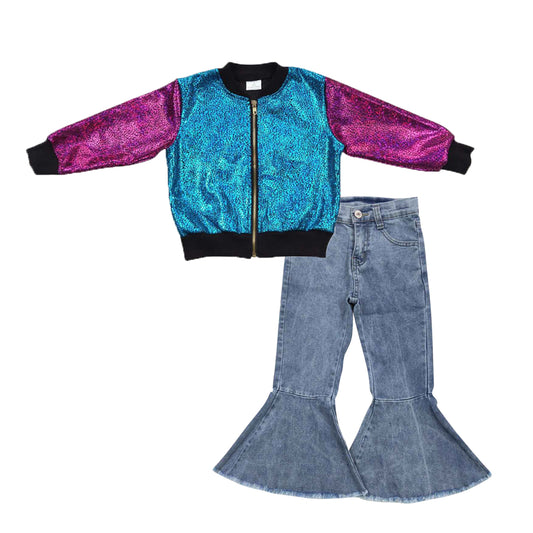 Blue hot pink long sleeve zipper kids disco coat blue denim pants girls set