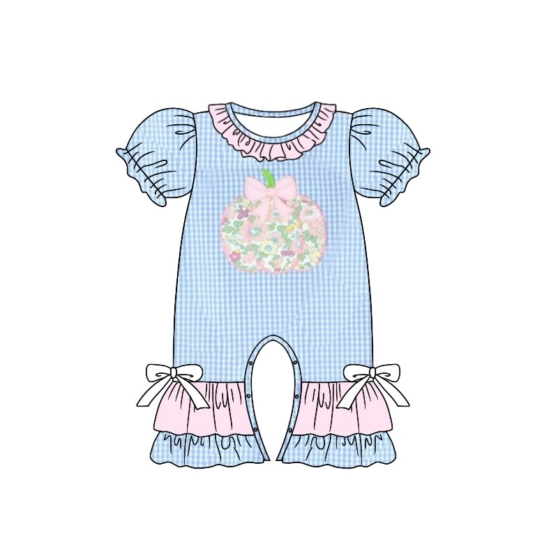 preorder SR1961 Autumn pumpkin flowers blue checekered short sleeve girls romper