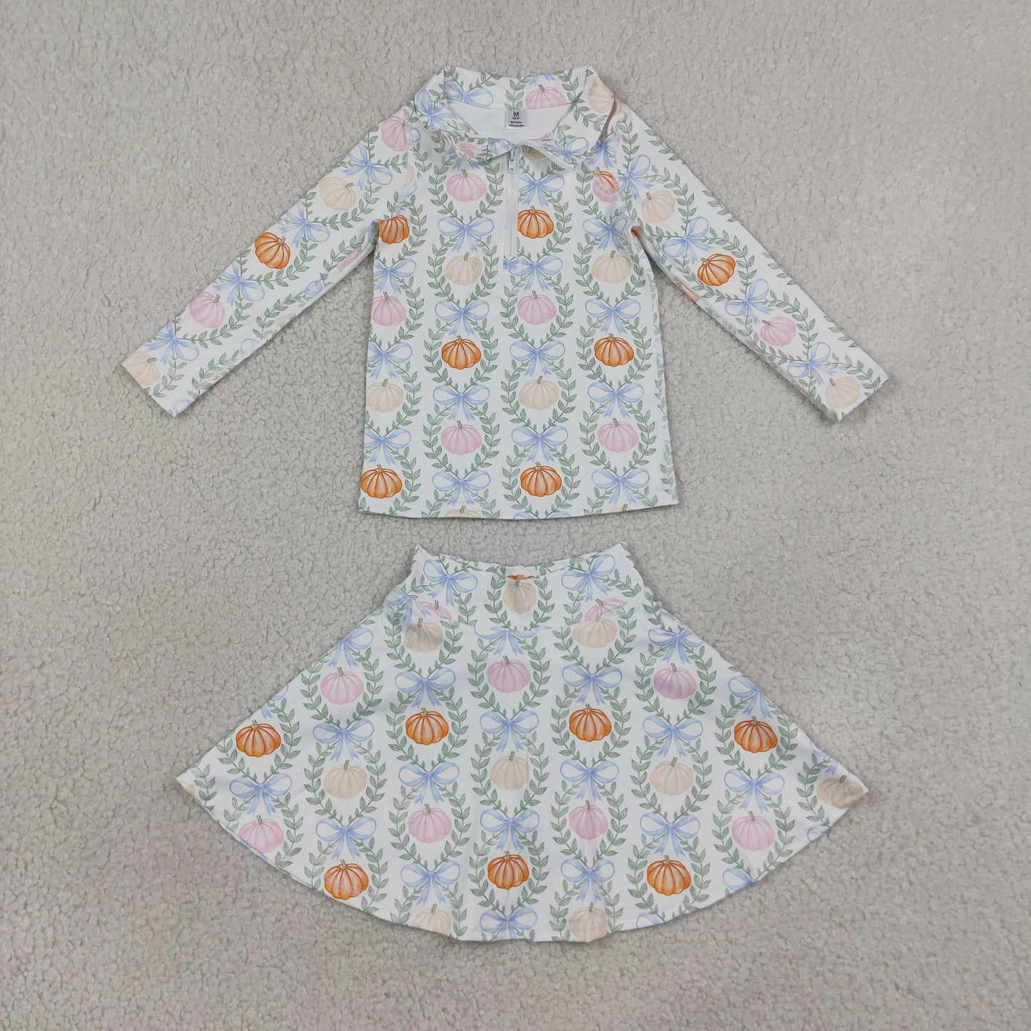 GLD1635 Yoga Colorful Pumpkin Bows Zipper Long Sleeve Skorts Girls Set