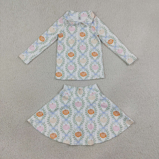 GLD1635 Yoga Colorful Pumpkin Bows Zipper Long Sleeve Skorts Girls Set