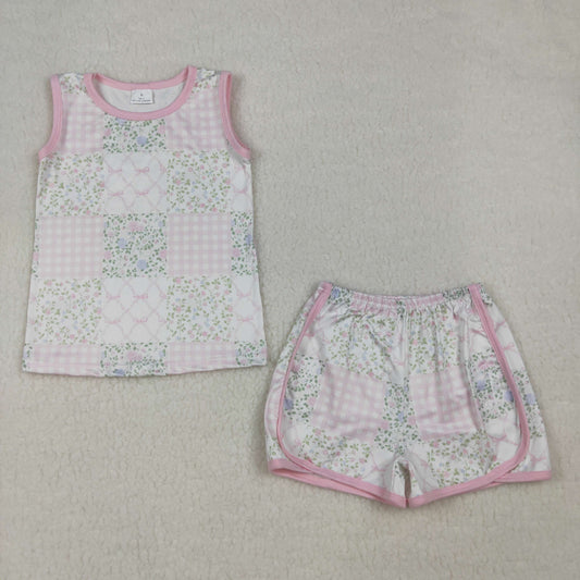 GSSO3168 Flowers Pink Bows Sleeveless Shorts Girls Set