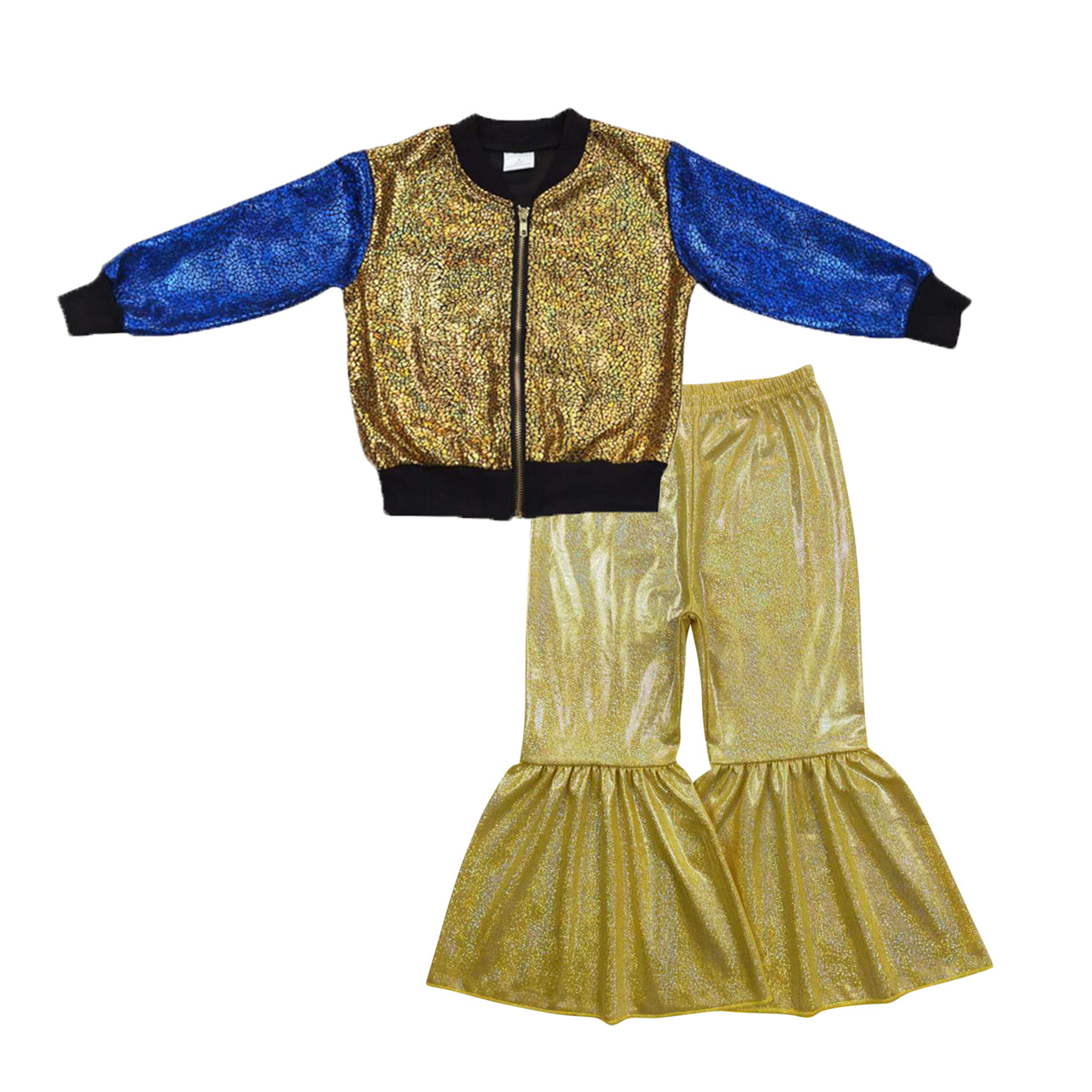 golden blue long sleeve zipper kids disco coat yellow pants girls set