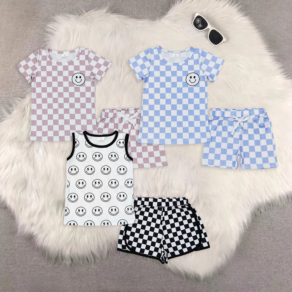 smile checkered boys set Sibling Clothes RTS