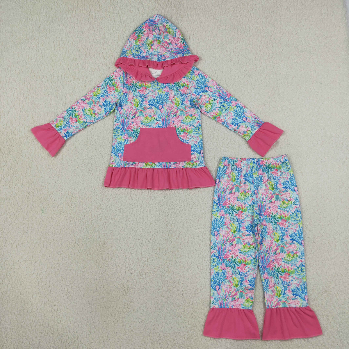 GLP3518 Colorful Print Pocket Hoodie Long Sleeve Pants Girls Set