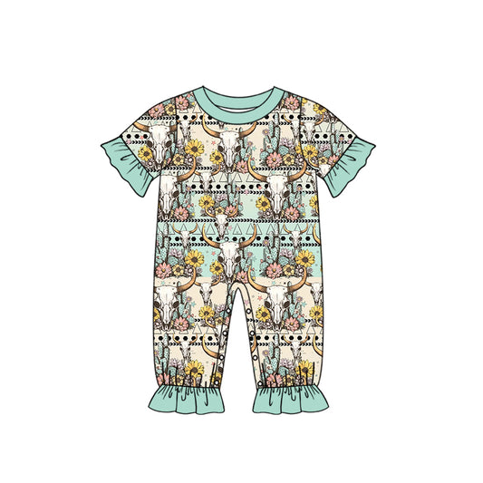 preorder SR0584 Western cow sunflowers green short sleeve girls romper