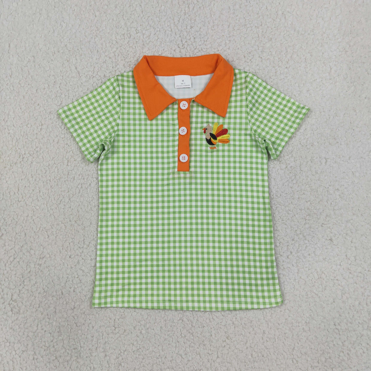 Embroidery BT1889 Thanksgiving Turkey Green Checkered Short Sleeve Boys Top