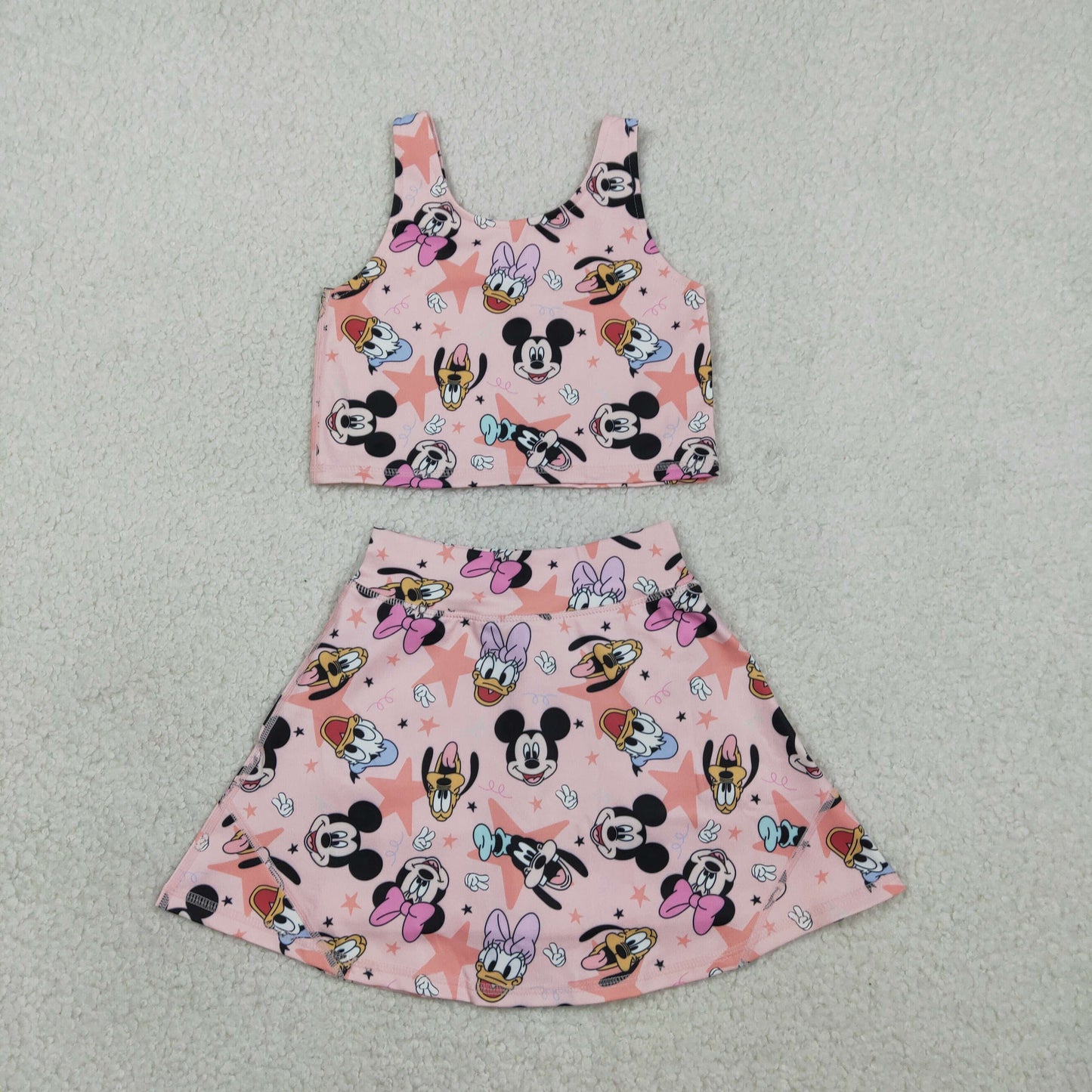GSD2332 yoga cartoon M pink sleeveless skirt with shorts girls set