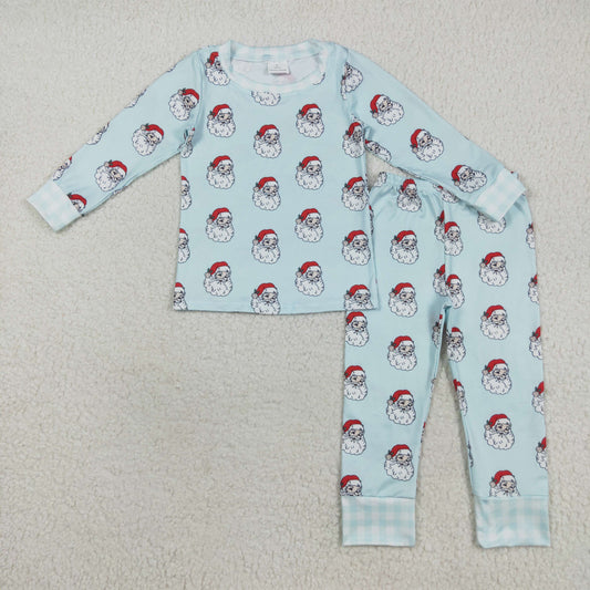 Custom moq 20 bamboo Christmas Santa blue long sleeve pants boys pajamas