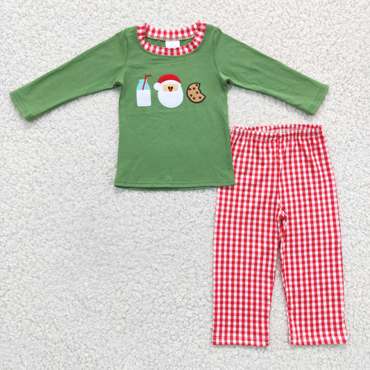 USA SHOP BLP0147 Green Milk Santa Cookie Christmas Embroidery Boys Pajamas