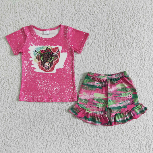 GSSO0074 Hot Pink Highland Cow Summer Girls Set