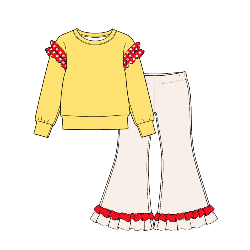 preorder Cotton Ruffles Yellow Long Sleeve White Pants Girls Set