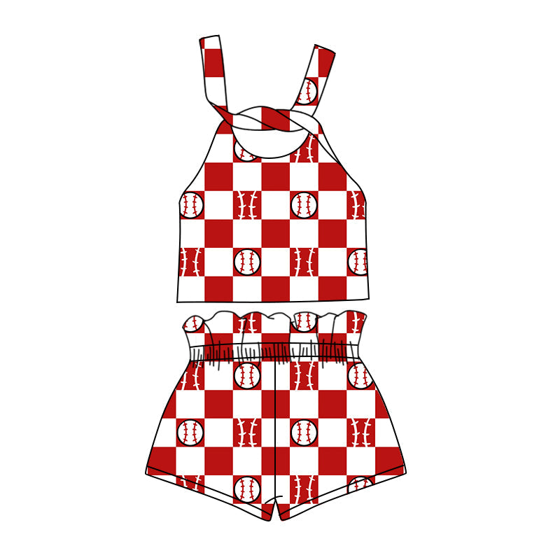 custom (moq 5)Baby Girls Baseball Checkered Straps Top Shorts Clothes Sets