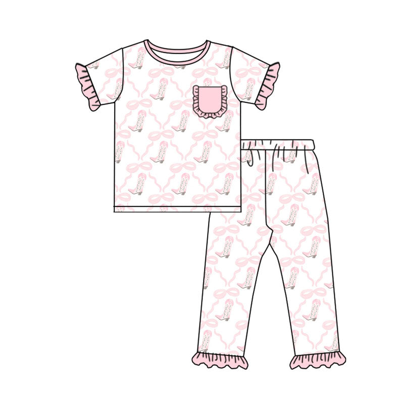 custom moq 5 Western boot bows pink pocket short sleeve pants girls pajamas