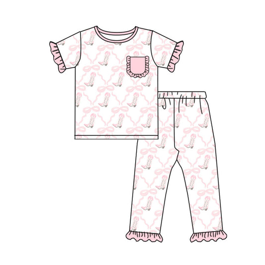 custom moq 5 Western boot bows pink pocket short sleeve pants girls pajamas