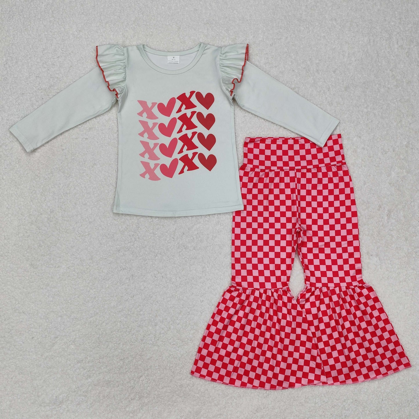 GLP1164 Valentine’s Day heart long sleeve red checkered milk silk pants girls set