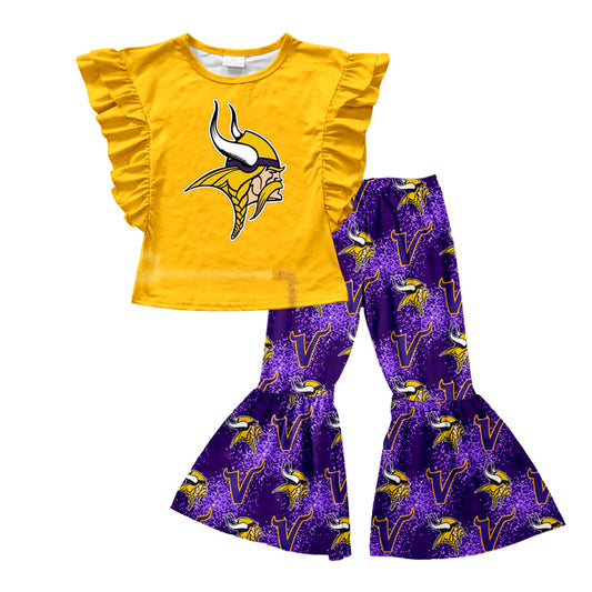 custom S 8.19 Yellow flutter sleeve purple pants girls set
