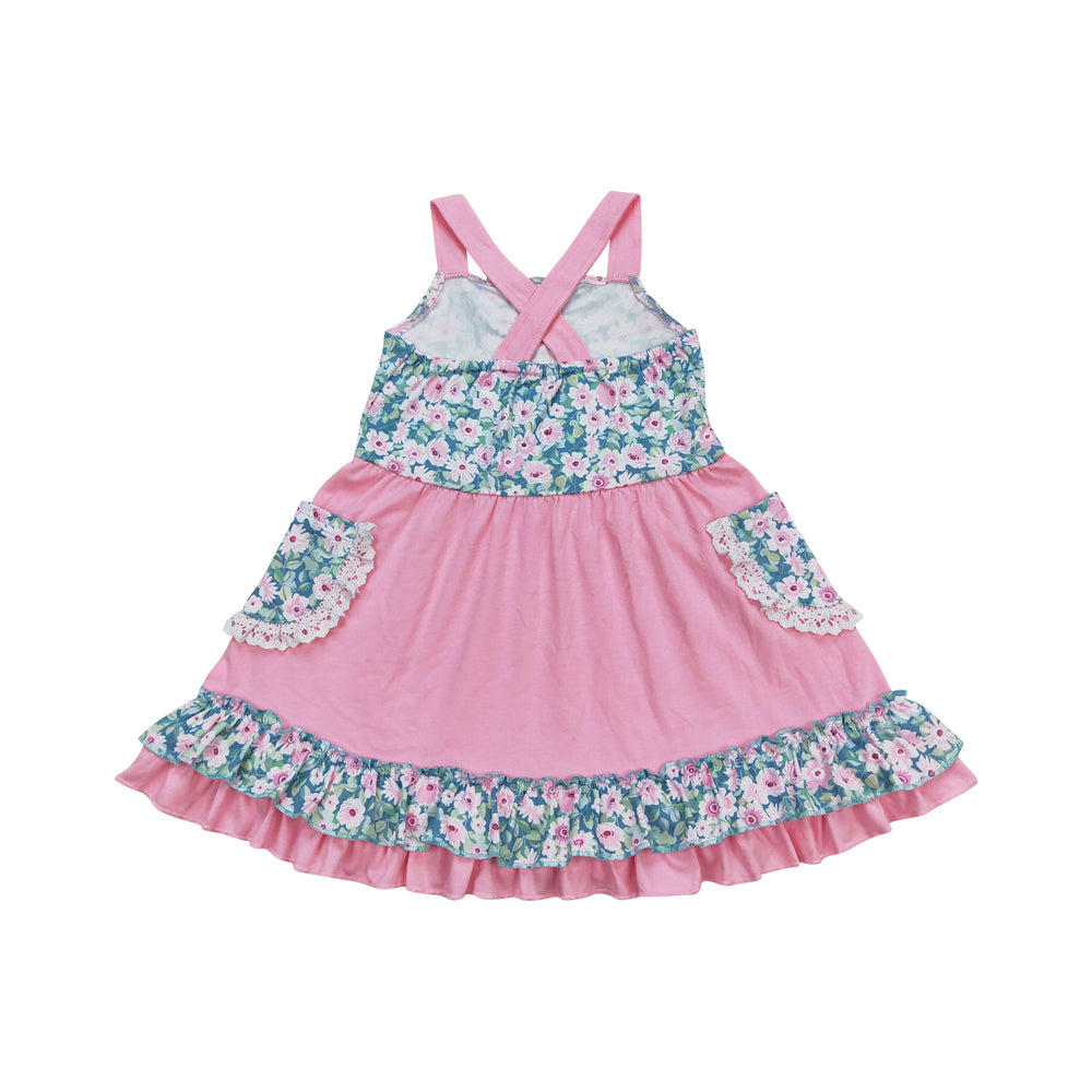 GSD0807 Flowers Pockets Pink Sleeveless Girls Dress