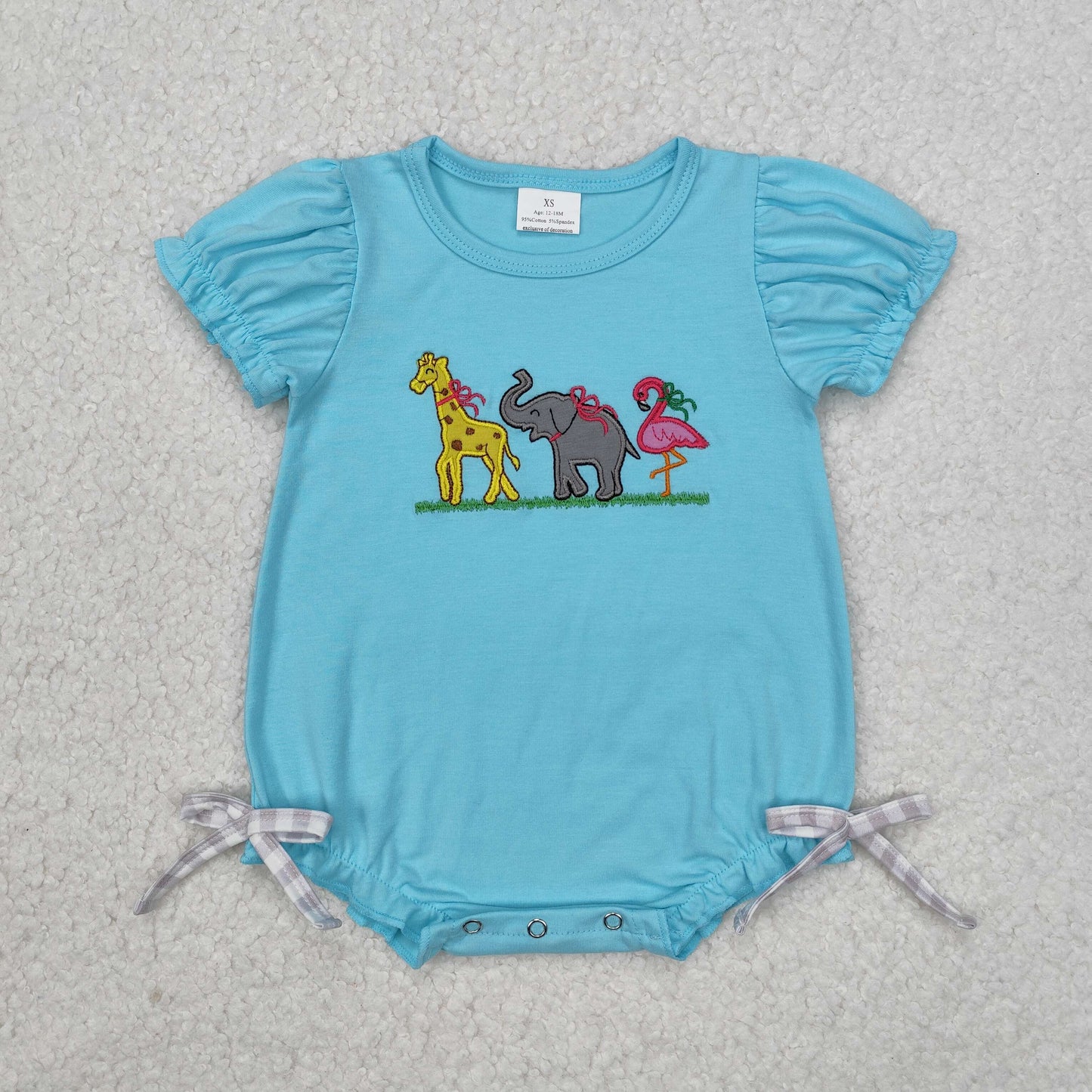 embroidery SR2124 aqua giraffe elephant flamingo short sleeve girls romper