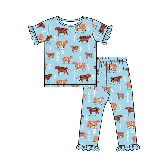 preorder GSPO1019 Farm cow blue short sleeve pants girls pajamas
